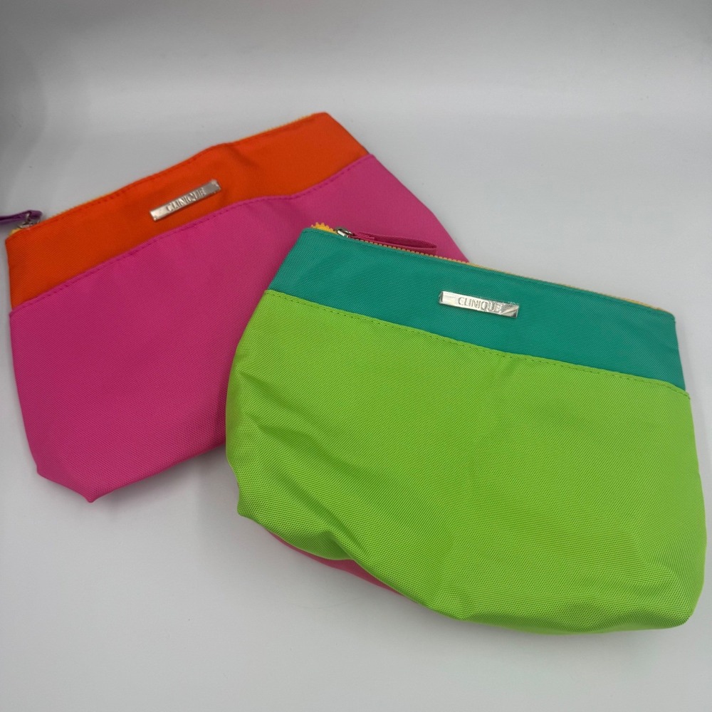 Clinique Makeup Bag Set Women  Pink‎ Orange Green Neon Colorblock Pouch 2pc